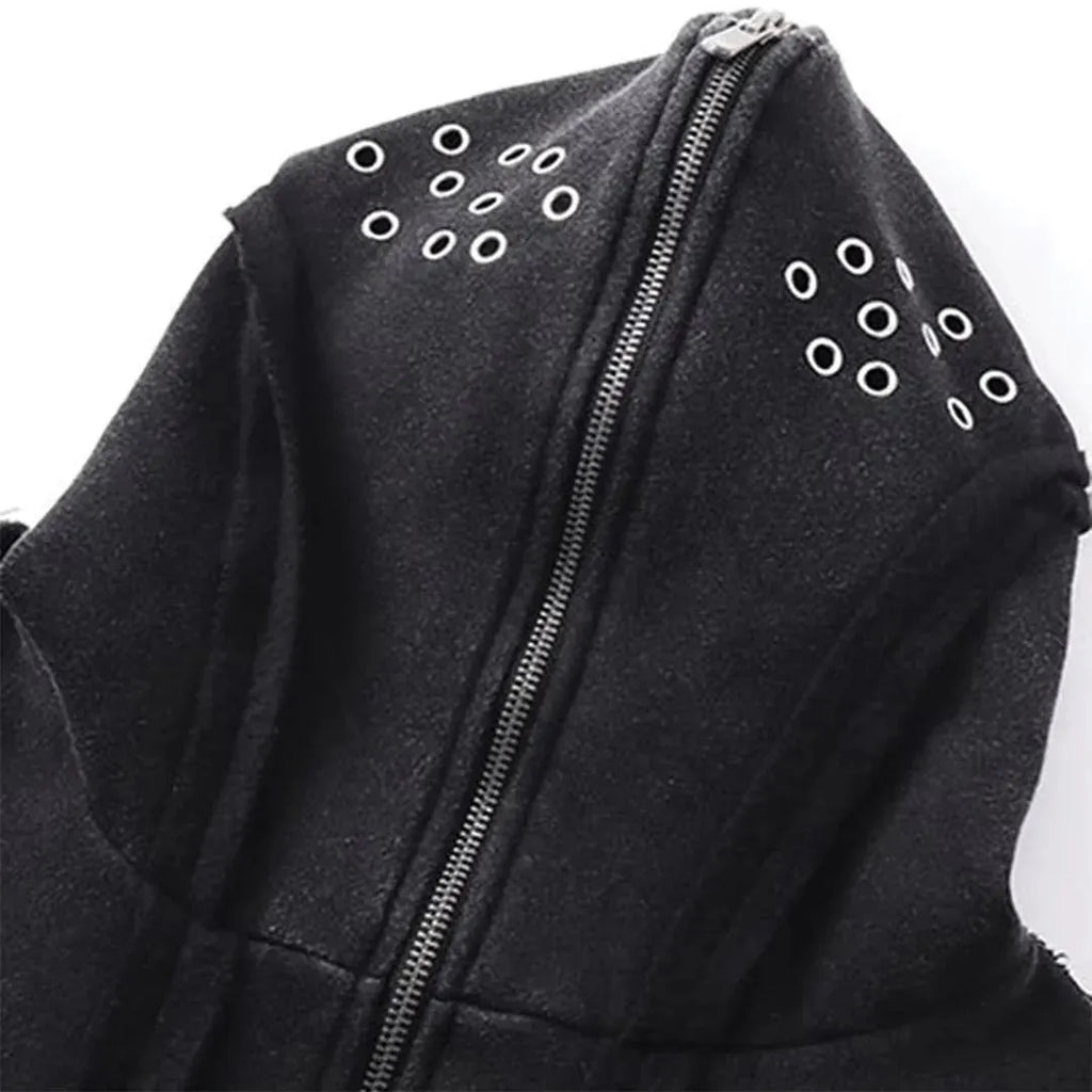 A black loose-fit men's padded coat with a hood, front zip, and abstract pattern.