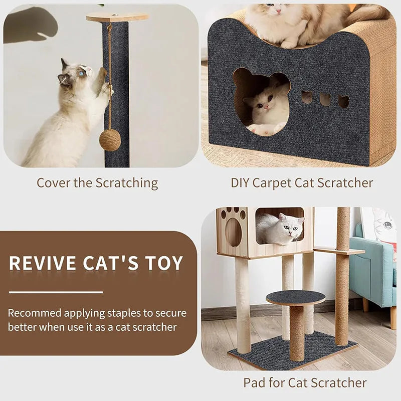 Self-adhesive cat scratch carpet mat in beige, trimmed to fit sofa arm, with scissors and roll packaging