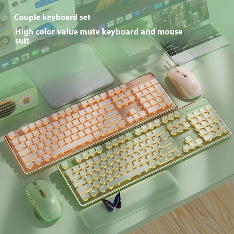 Prewalker V3 wired mute keyboard and mouse suit in retro green colour on a desk