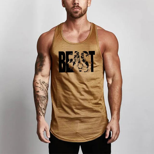 Mens mesh singlet vest slim fit linen blend workout tank top round neck short sleeve loose fit daily wear grey front view