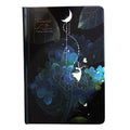 A5 notebook with luminous cover open to show colourful illustration pages, in Deep Blue, Gold, Light Blue, and Purple colour options.
