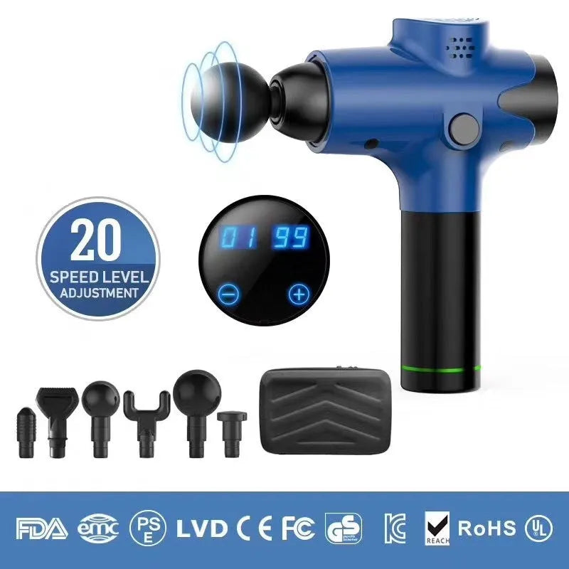 EM03 digital massage gun with LCD screen, six massage heads, and 20 speed levels in black finish