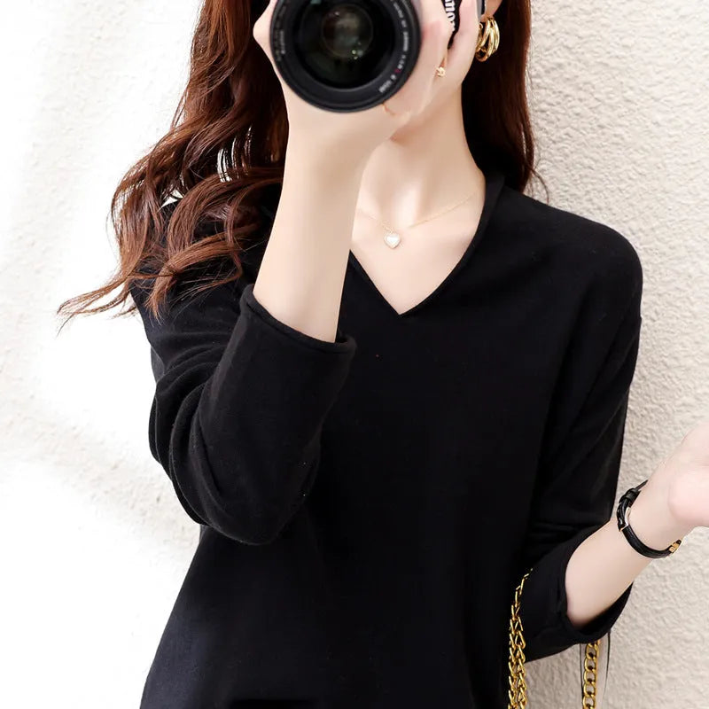Women's V-neck long sleeve knitwear top in non-iron macaron colours for commute styling