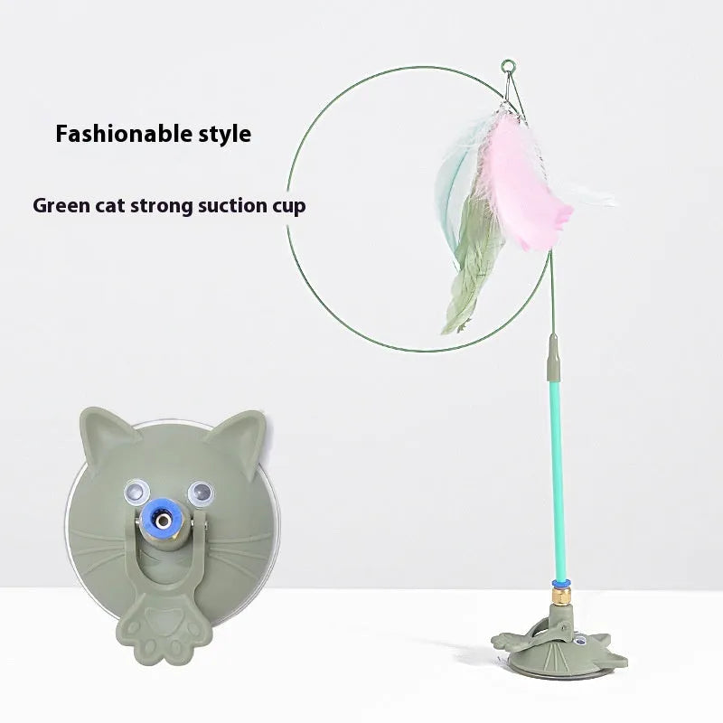 Cat teaser wand toy with suction cup holder and bell, shown in various colour and design options.