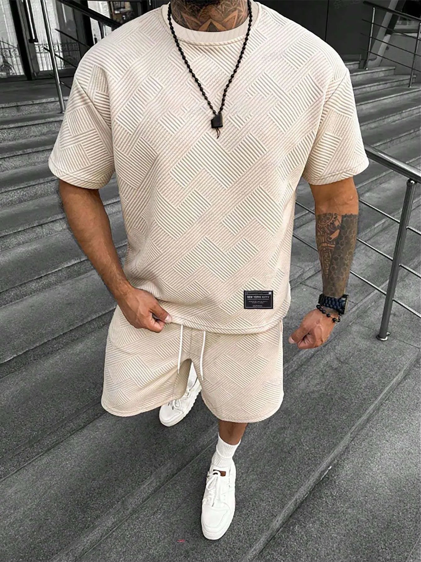 Men's two-piece shorts set with 3D printed design in chemical blend fabric