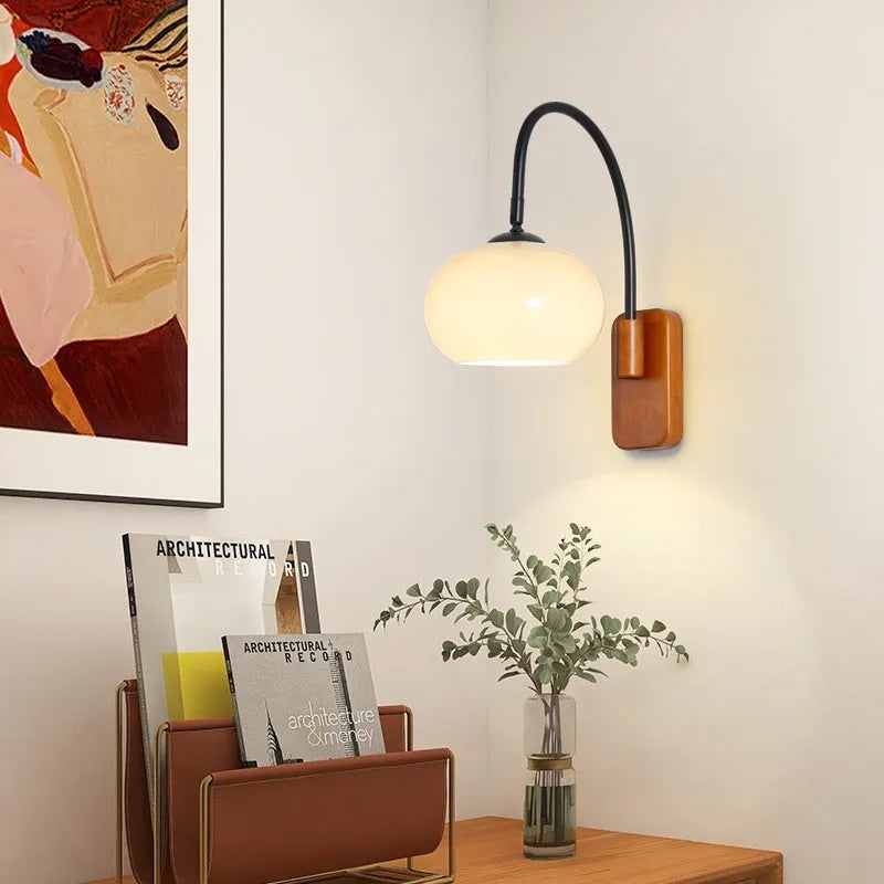 Creative retro glass wall LED lamp with walnut colour iron finish and milky white 32cm shade