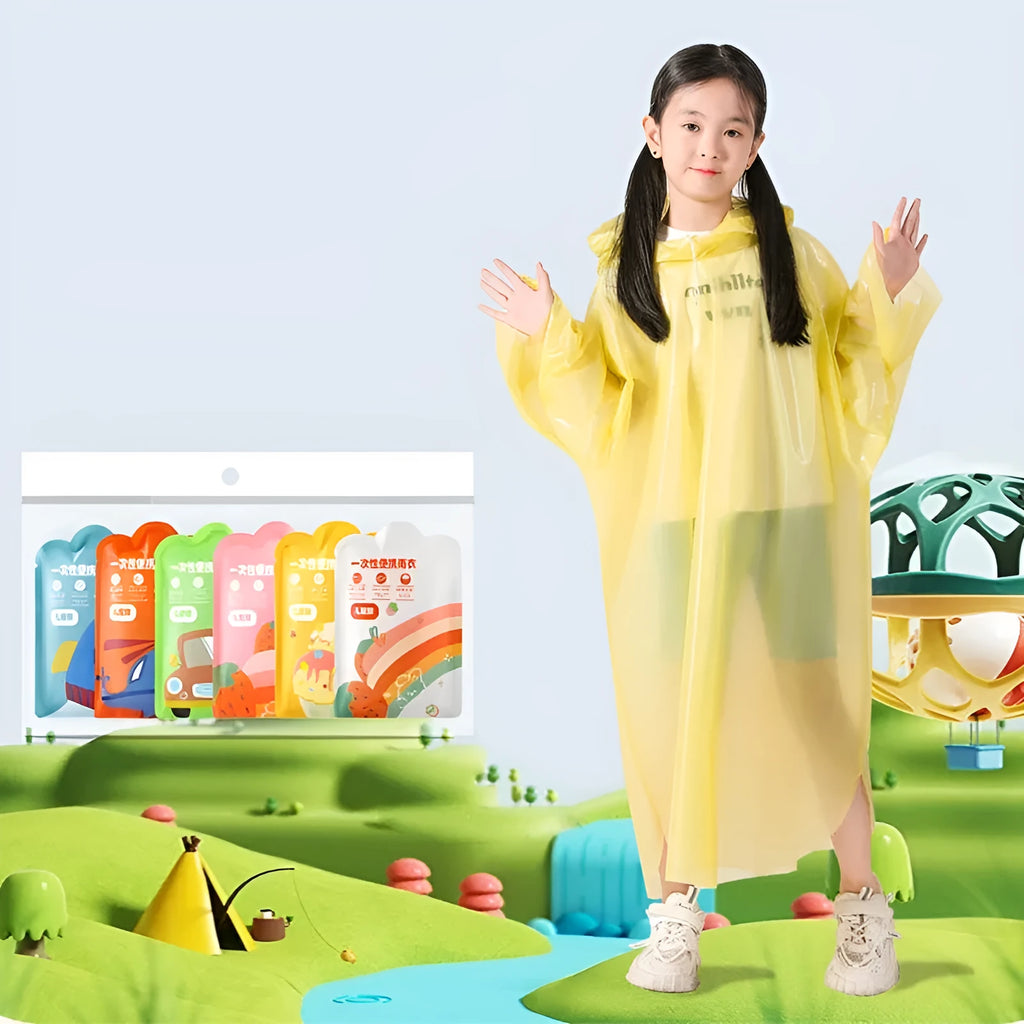 Disposable children's rain poncho in blue, yellow, orange, pink, green, and white colours with 13x9cm packaging