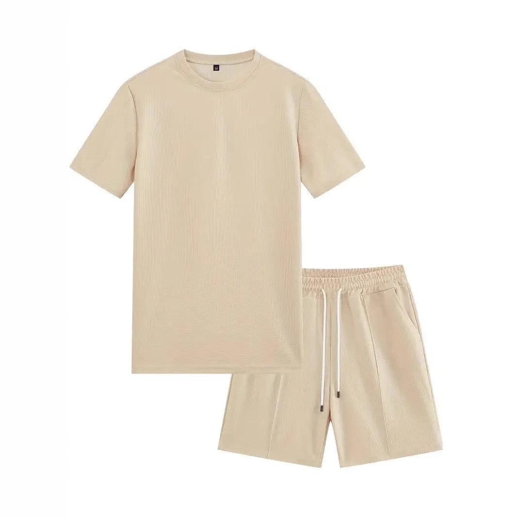 Men's apricot waffle texture short sleeve blouse and matching shorts laid flat.