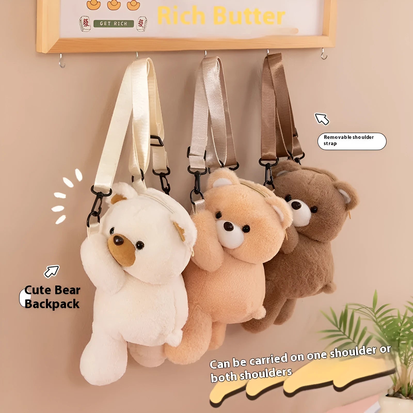 Cartoon bear lying-down plush doll crossbody bag in solid colour with airpillow straps
