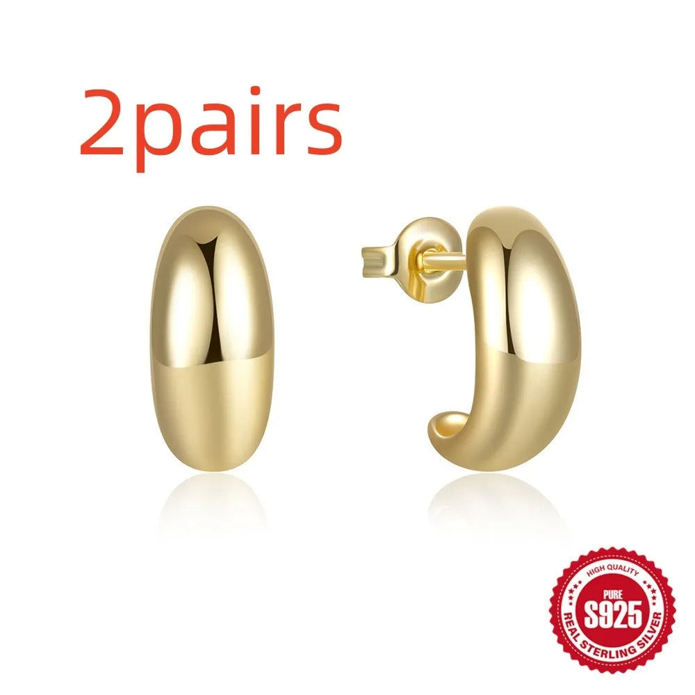 925 sterling silver C-shaped geometric stud earrings with glossy gold electroplated finish