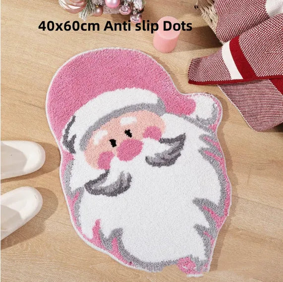 Christmas hallway mat with irregular shape and festive printed designs including Santa Claus pattern