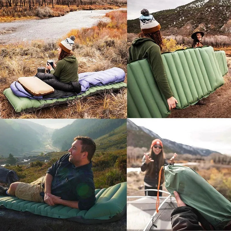 Single-size portable inflatable camping mattress in grey on a tent floor
