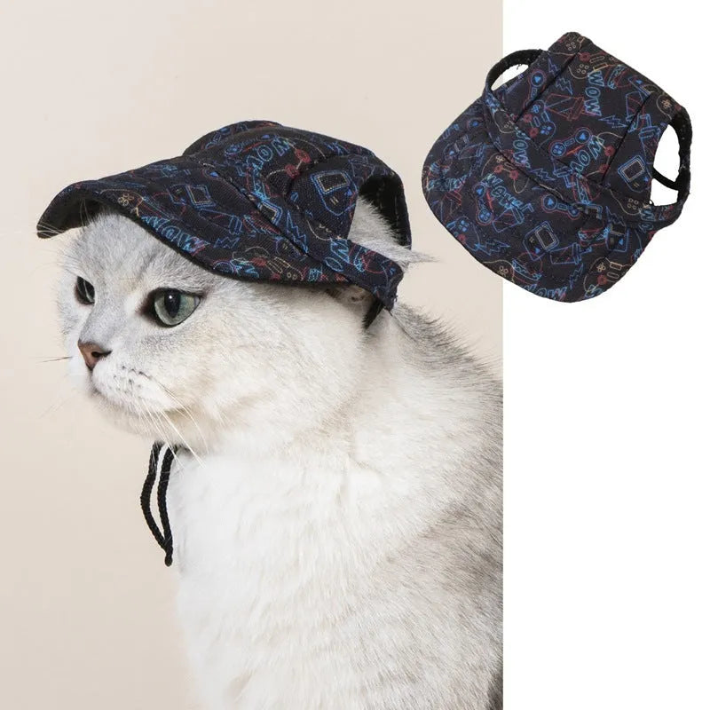 Pet baseball cap made of canvas with adjustable sizing, shown in a plaid pattern for sun protection