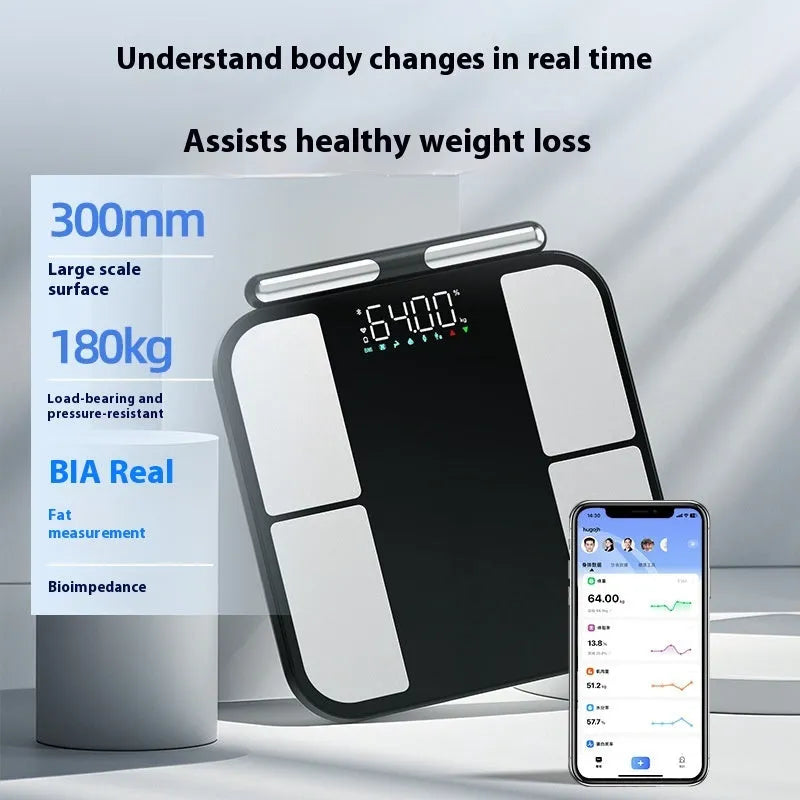 Black electronic body composition scale with tempered glass platform and colour display screen