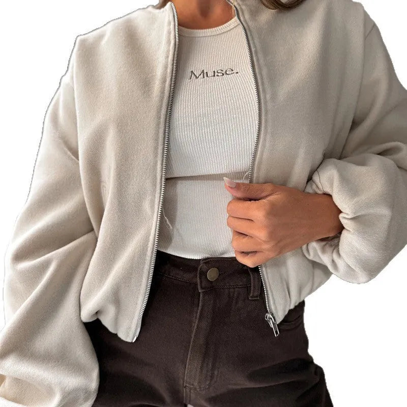 Women's off-shoulder short coat with lantern sleeves in polyester fabric