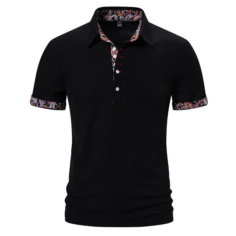 Men's polo shirt with colour contrast stitching and turnover collar in white, black, or navy blue