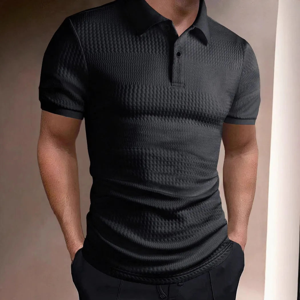 Men's striped polo shirt in loose fit with short sleeves showing asymmetric design details