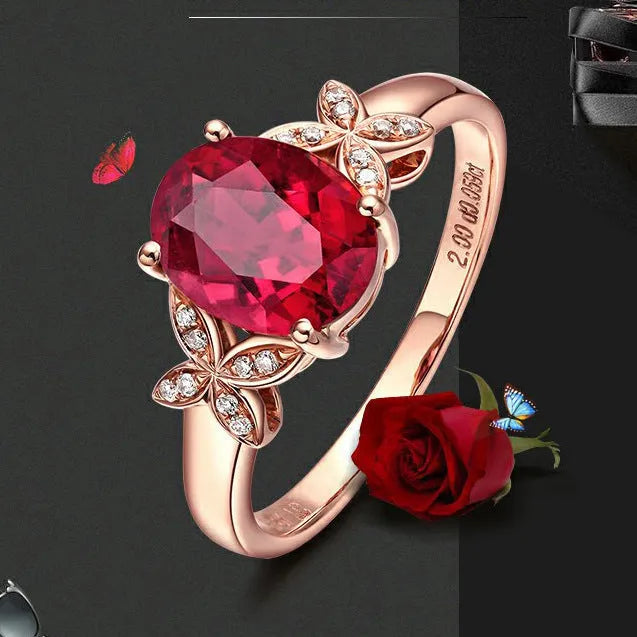Women's butterfly ring with heart design in 18k rose gold plating, red and blue colour options