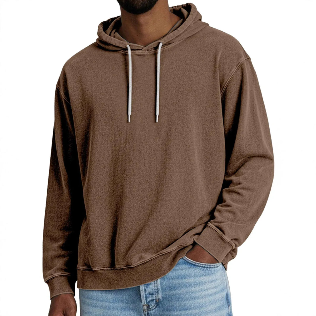 Men's loose fit solid colour hooded sweatshirt, long-sleeved polyester pullover, sizes S-5XL, seven colours