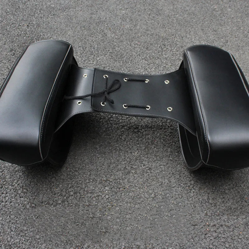 Retro style black PU leather motorcycle side box saddle bag mounted on a bike.
