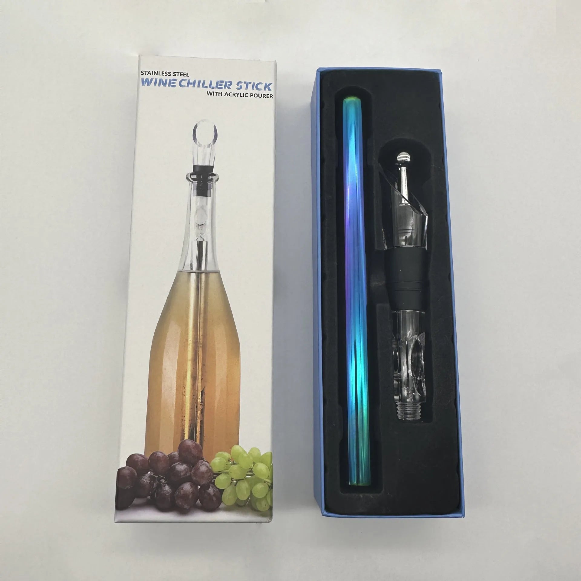 Stainless steel wine bottle cooler stick with acrylic pourer, shown in silver finish.