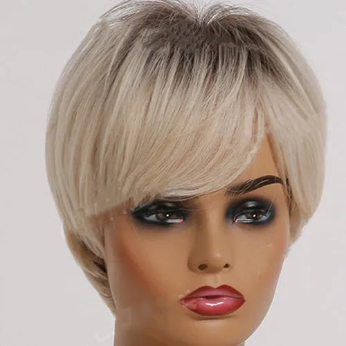Short straight synthetic wig with ombre blonde colour, brown to gold gradient, 8-inch length and bangs on mannequin head
