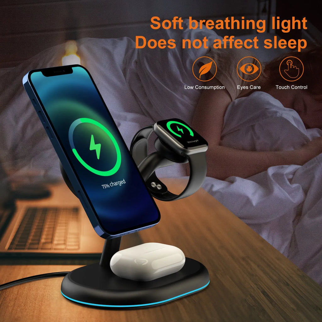 Black three-in-one magnetic wireless charger for iPhone and AirPods showing charging pad and magnetic ring.
