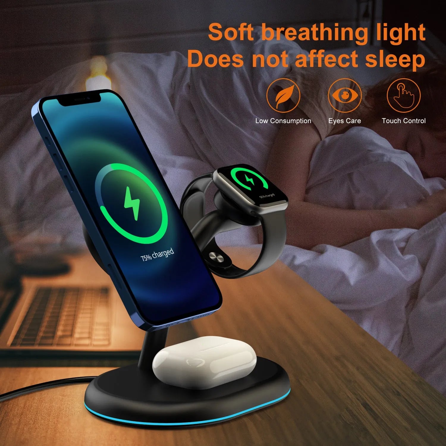 Black three-in-one magnetic wireless charger for iPhone and AirPods showing charging pad and magnetic ring.
