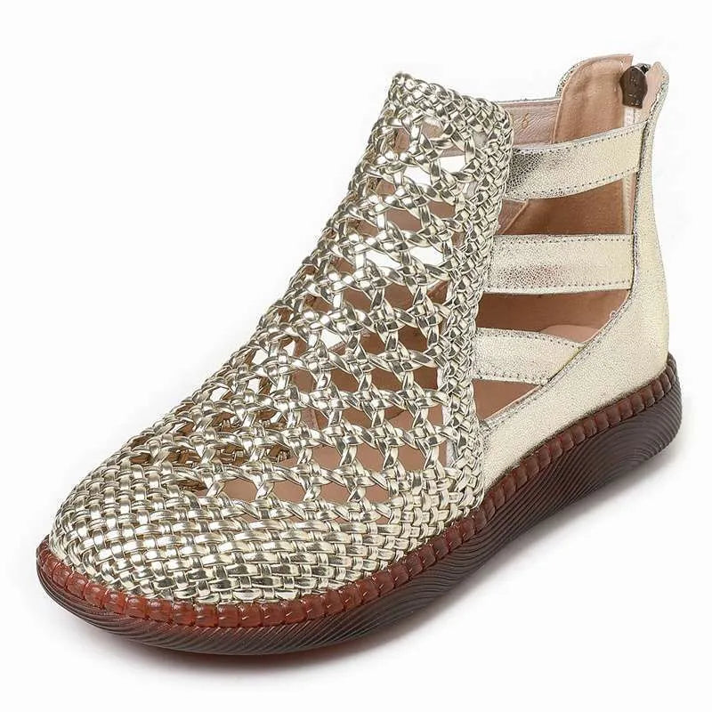 Women's gold and white flat slip-on sandals with round toe and soft TPR soles