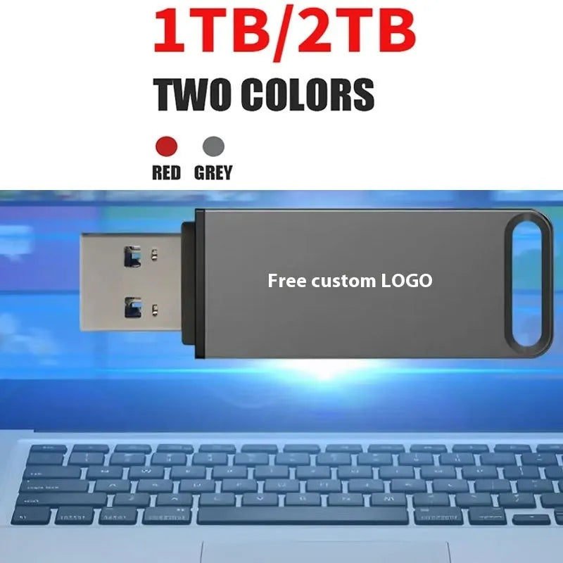 Metal USB flash drive in black, red, or silver with capacity options from 1TB to 16TB