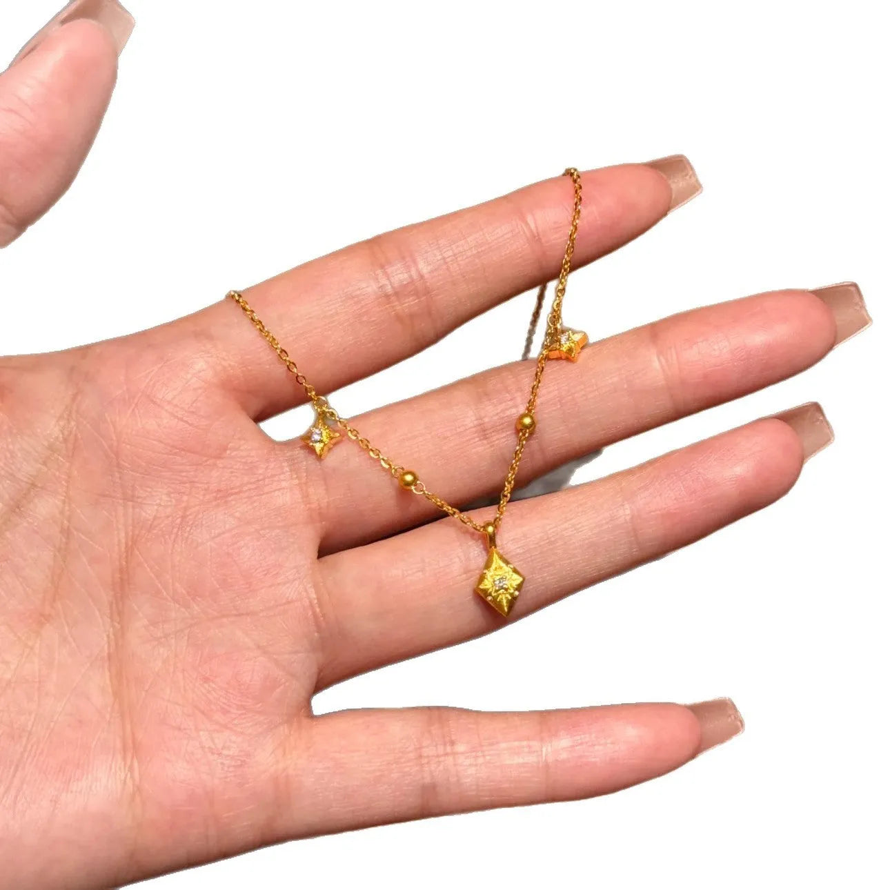 Eight awn star round beads copper necklace on woman with O-ring chain, diamond shape pendant, electroplated finish, adjustable 41-50cm
