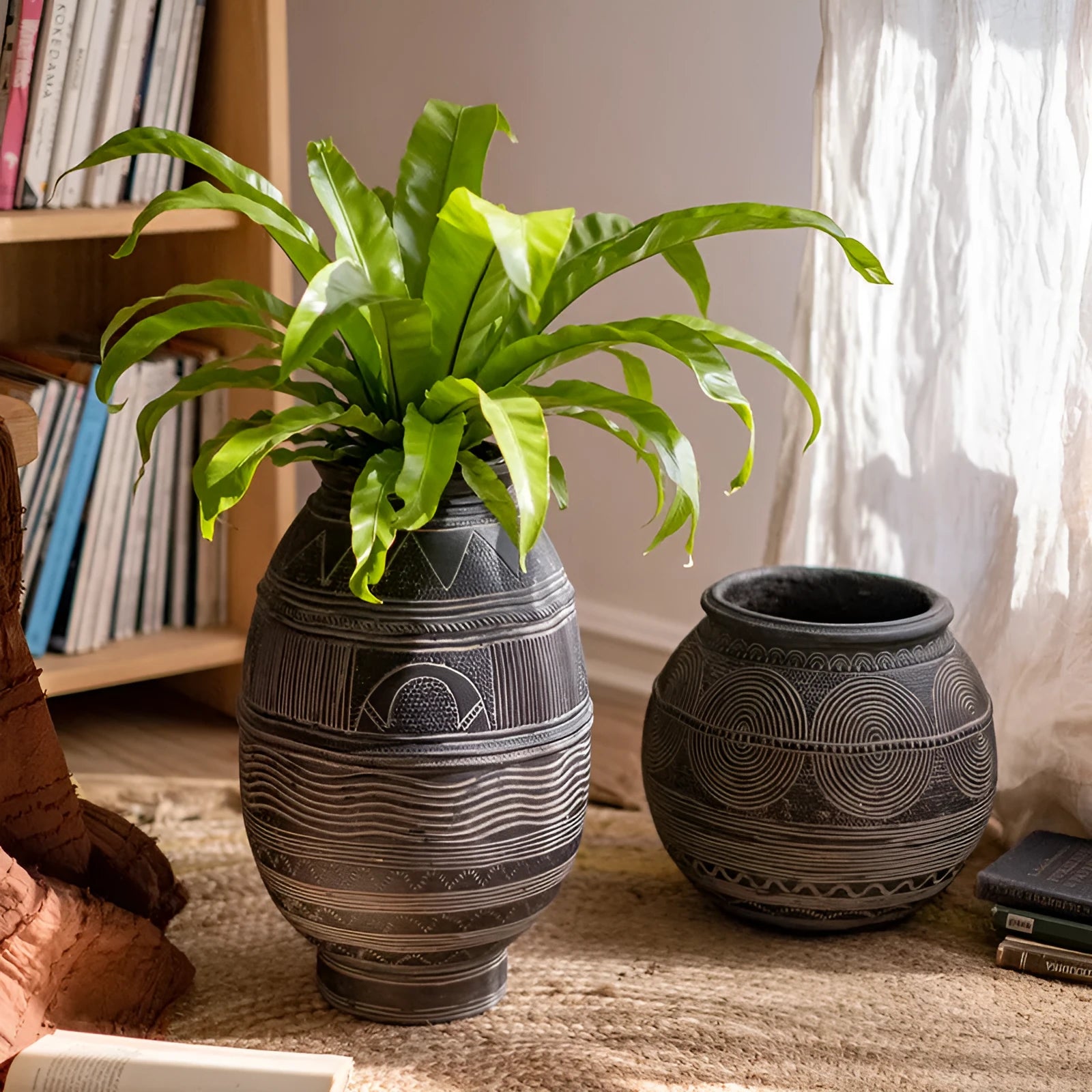 African ancient style cement flower pot with punched drainage holes, medium size ethnic planter