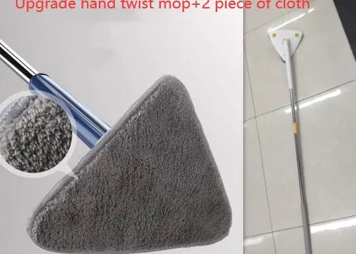 Blue triangle cleaning mop with rotating head and extendable stainless steel pole on a tiled floor