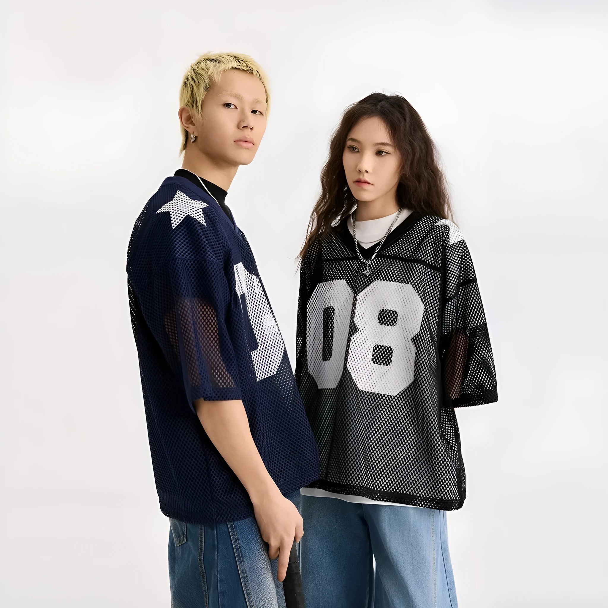 Black half sleeve shirt with white letter pattern, loose fit pullover style for men and women