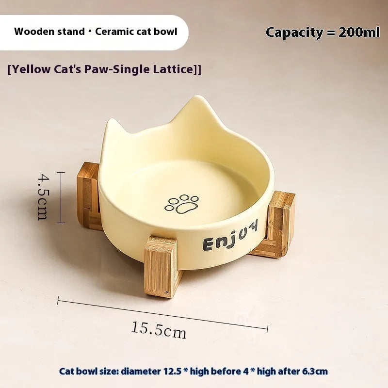 Porcelain cat bowl with wooden anti-tumble frame in chosen colour with cat ear design