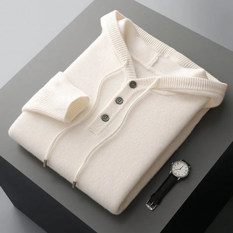Men's American-style warm button hoodie sweater pullover in light camel, loose fit, standard wool yarn