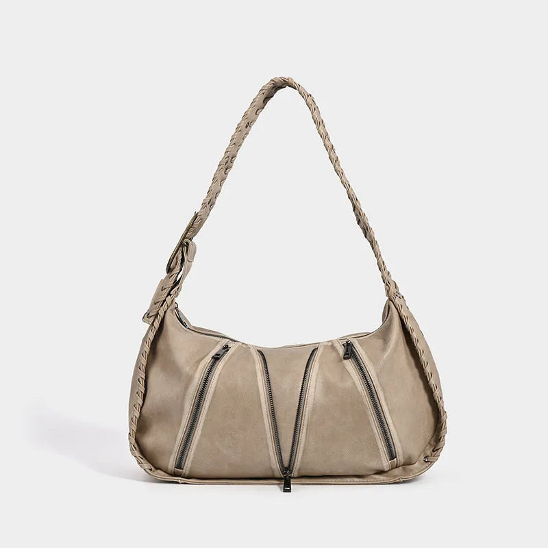 Large capacity vintage weave shoulder bag in brown with sandwich pocket and single strap