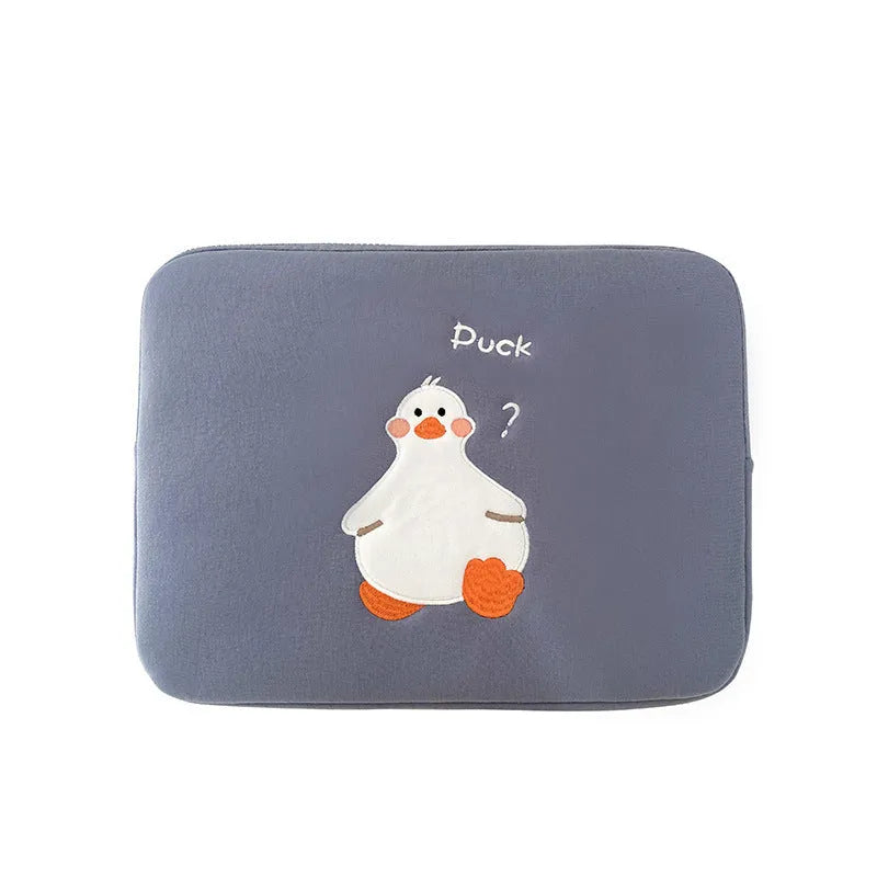 Blue cotton tablet case with cartoon duck embroidery and a zipper closure.
