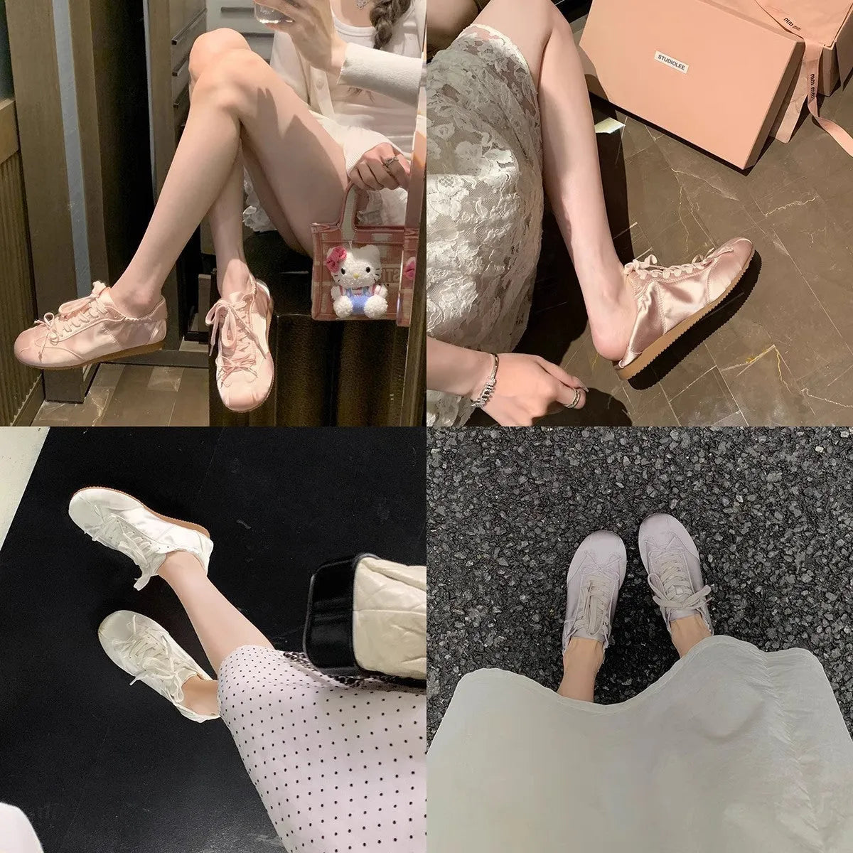 Women's champagne pink satin ballet flats with round toe and lace-up front, shown on a white background.
