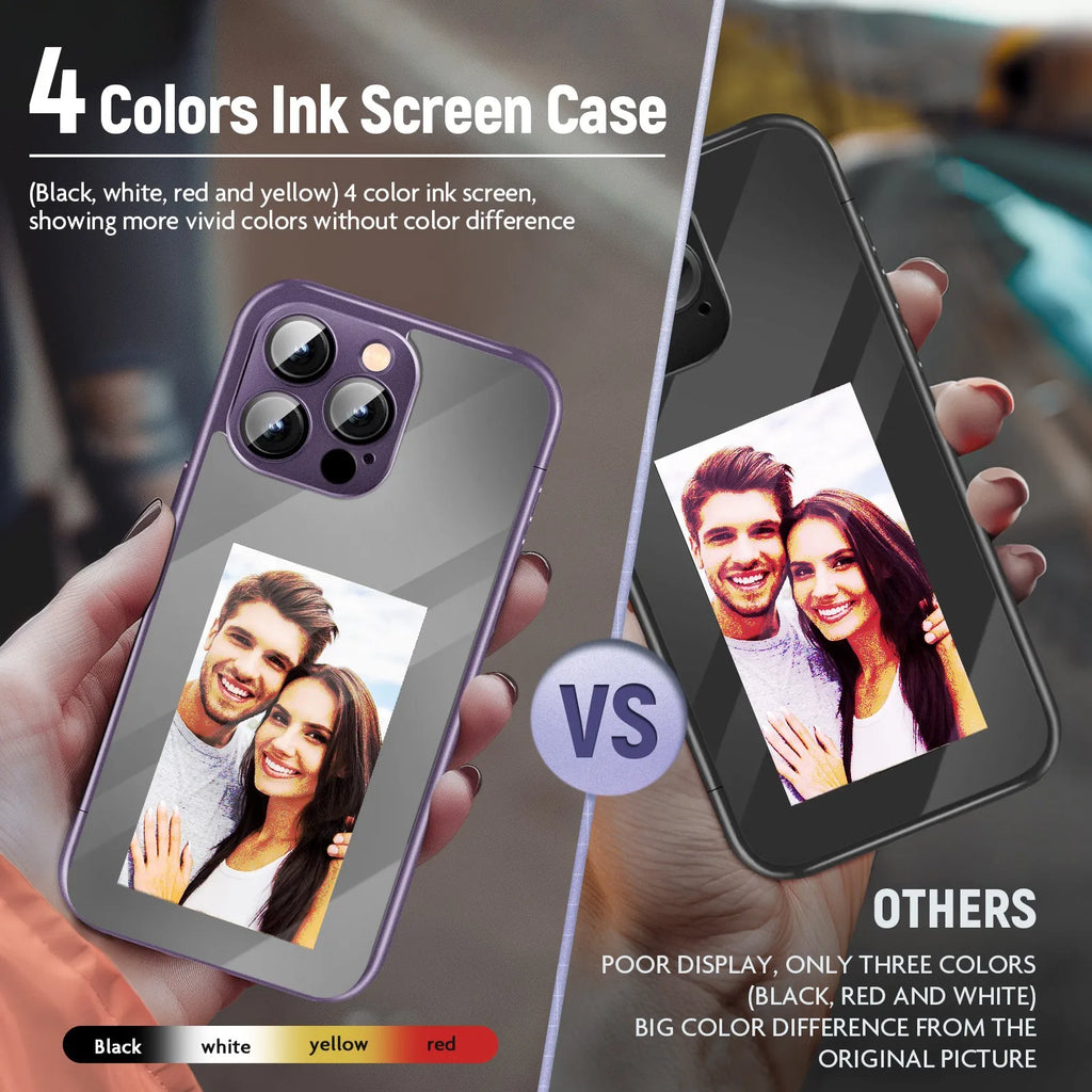 Black iPhone 15 Pro Max flip case with NFC ink screen showing custom text
