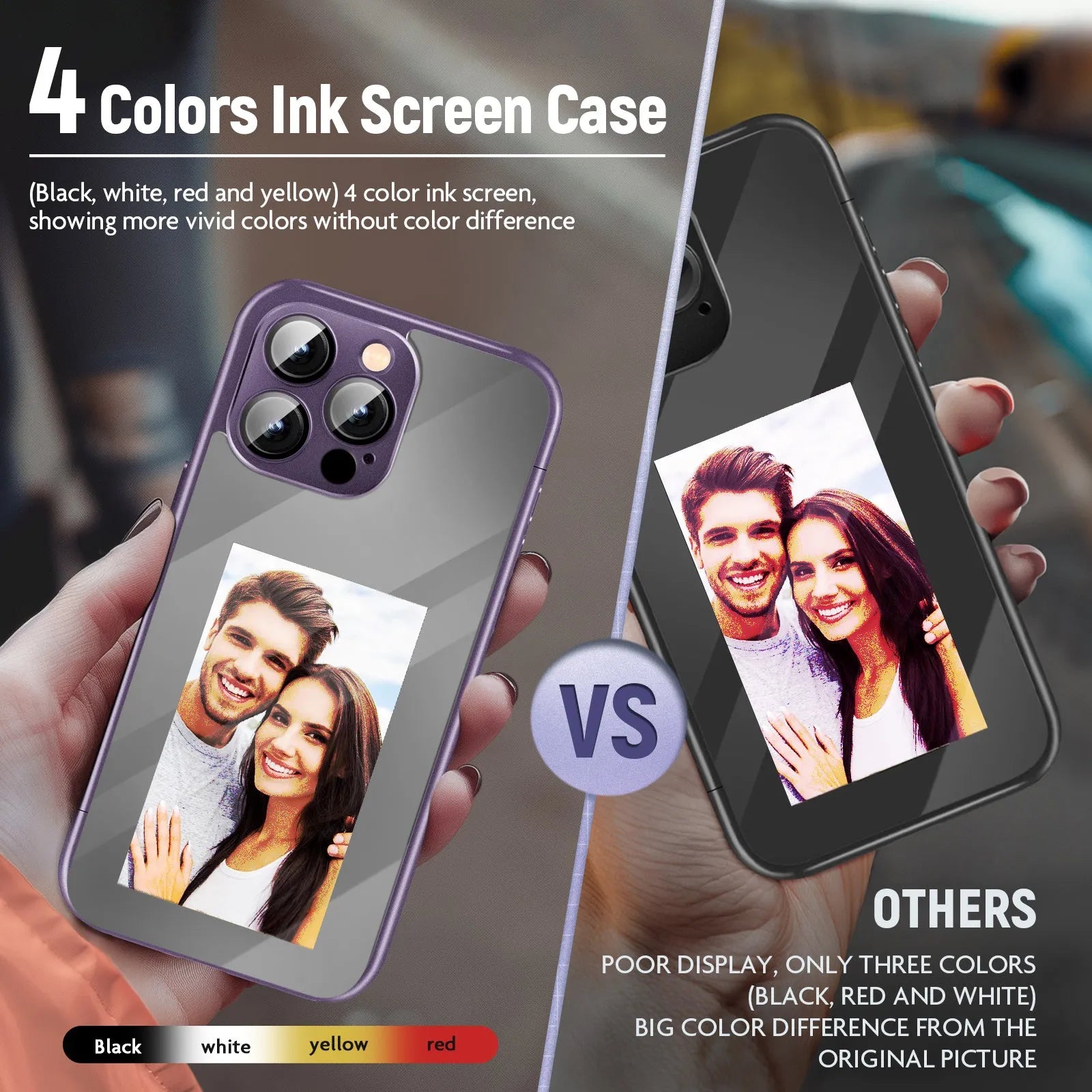 Black iPhone 15 Pro Max flip case with NFC ink screen showing custom text