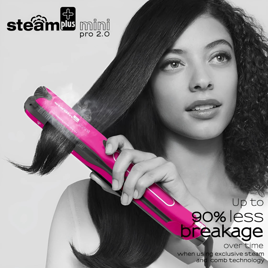 Mini steam hair straightener in champagne colour with styling plates visible
