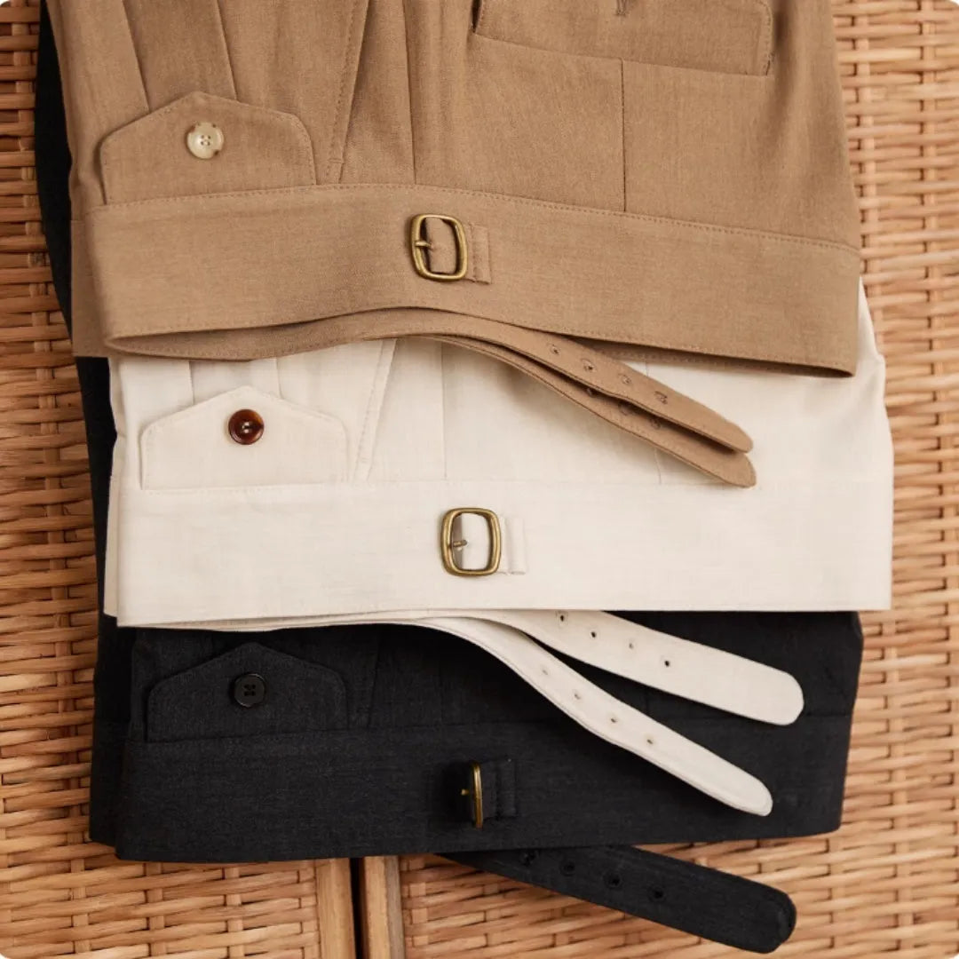 Men's slim fit straight leg business trousers in dark grey, light brown, or light apricot colours.