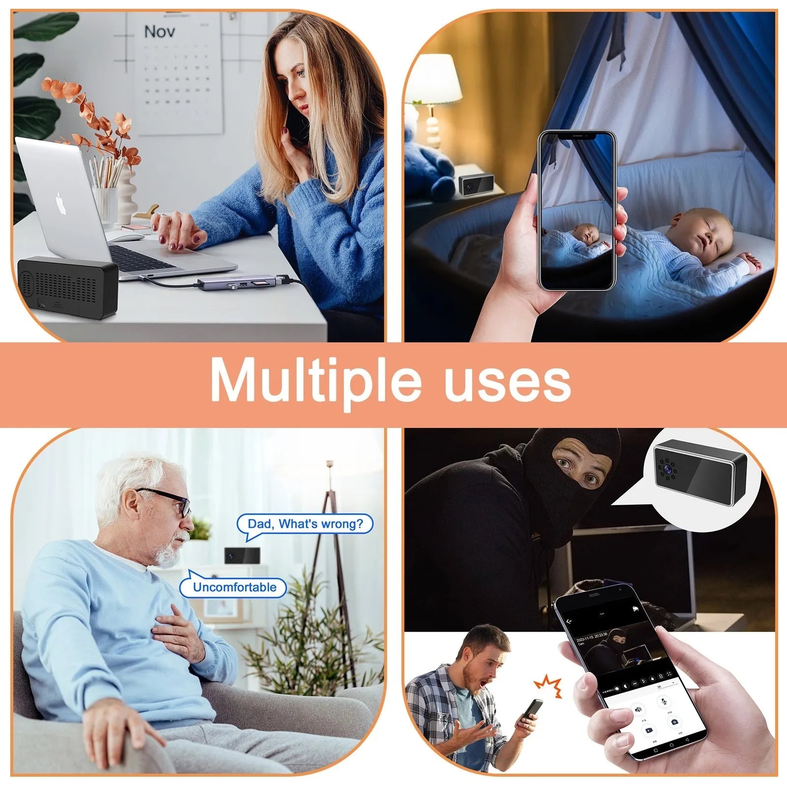 Wireless HD surveillance camera with compact dimensions for indoor security monitoring