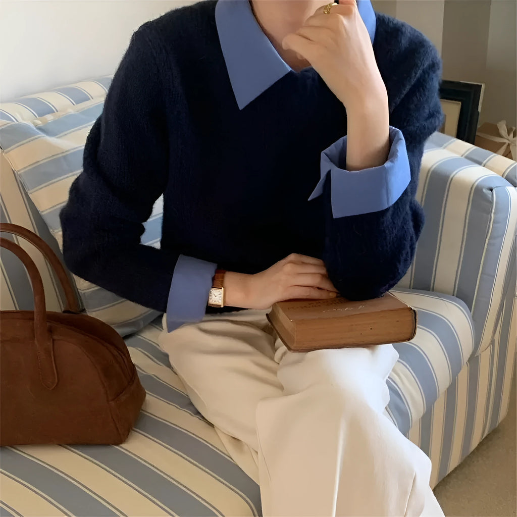 Women's knitwear top with contrast lapels in loose free size fit