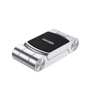 Collapsible magnetic car phone holder in silver, made of ABS leather metal, expanded position