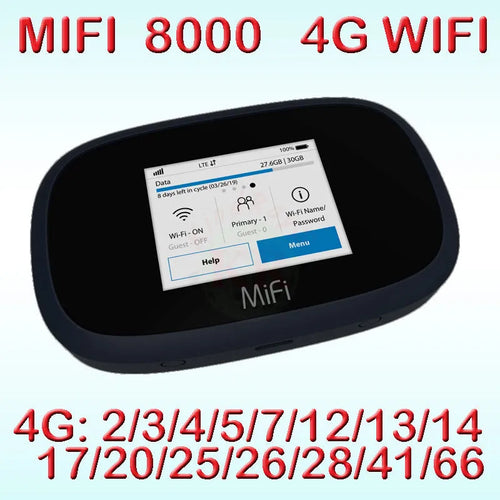 Black mifi8000 4G portable wireless router with battery and cable, showing compact size.