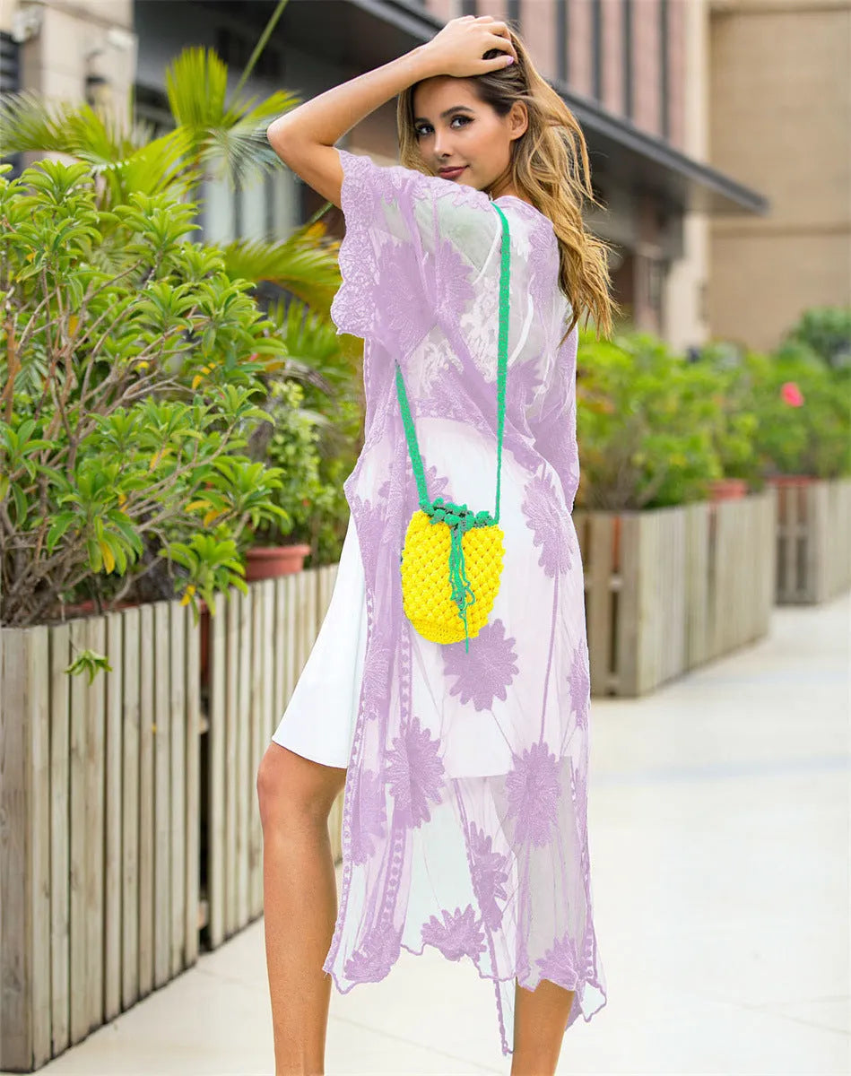 Light purple lace embroidery beach cardigan for women, designed for swimming and wading.