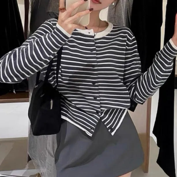 Women's dark grey and white striped viscose cardigan sweater with long sleeves, shown as a slim-fit short-length top.