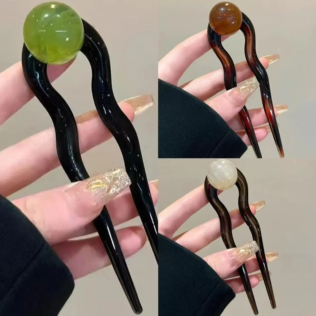 Simple U-shaped acrylic barrettes with ball retro design in beige, caramel, dark gray and green colours